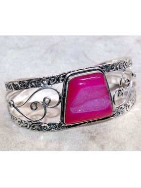 Pink Botswana Druzy Slice Gemstone 925 Sterling Silver Adjustable Cuff Bracelet